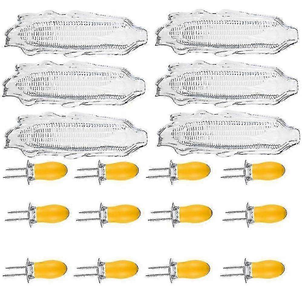 مجموعة من 6 صواني ذرة + 12 قطعة من حاملات كوز الذرة، أطباق ذرة بلاستيكية، صينية تقديم، عشاء كوز شفاف