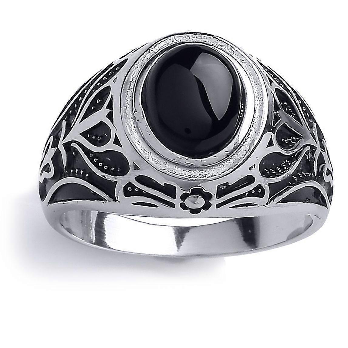 Jewelco London 男士纯银黑色椭圆玛瑙雕刻凸面图章戒指