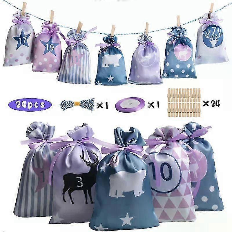 24 Day Advent Bags with Paper Stickers for Crafts, Gift Bag with Drawstring and Clip, Countdown to Christmas 2023.