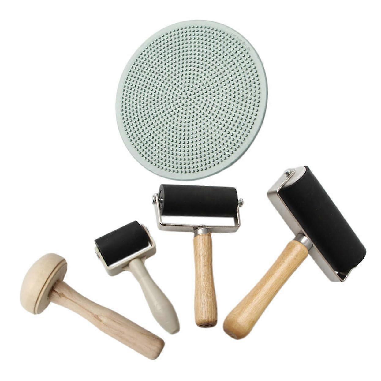 5pcs Printmaking Tools Set with Wooden Mushroom Rollers Rubber Brayers Plastic Baren for DIY Stamping Artists and Beginners