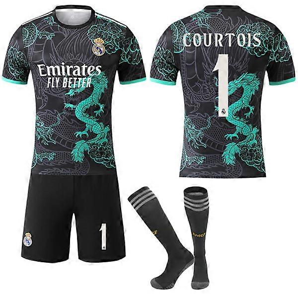 Ensemble maillot Real Madrid CF édition spéciale noir et vert n° 1 Courtois, taille 18, pour enfant et adulte, avec chaussettes.
