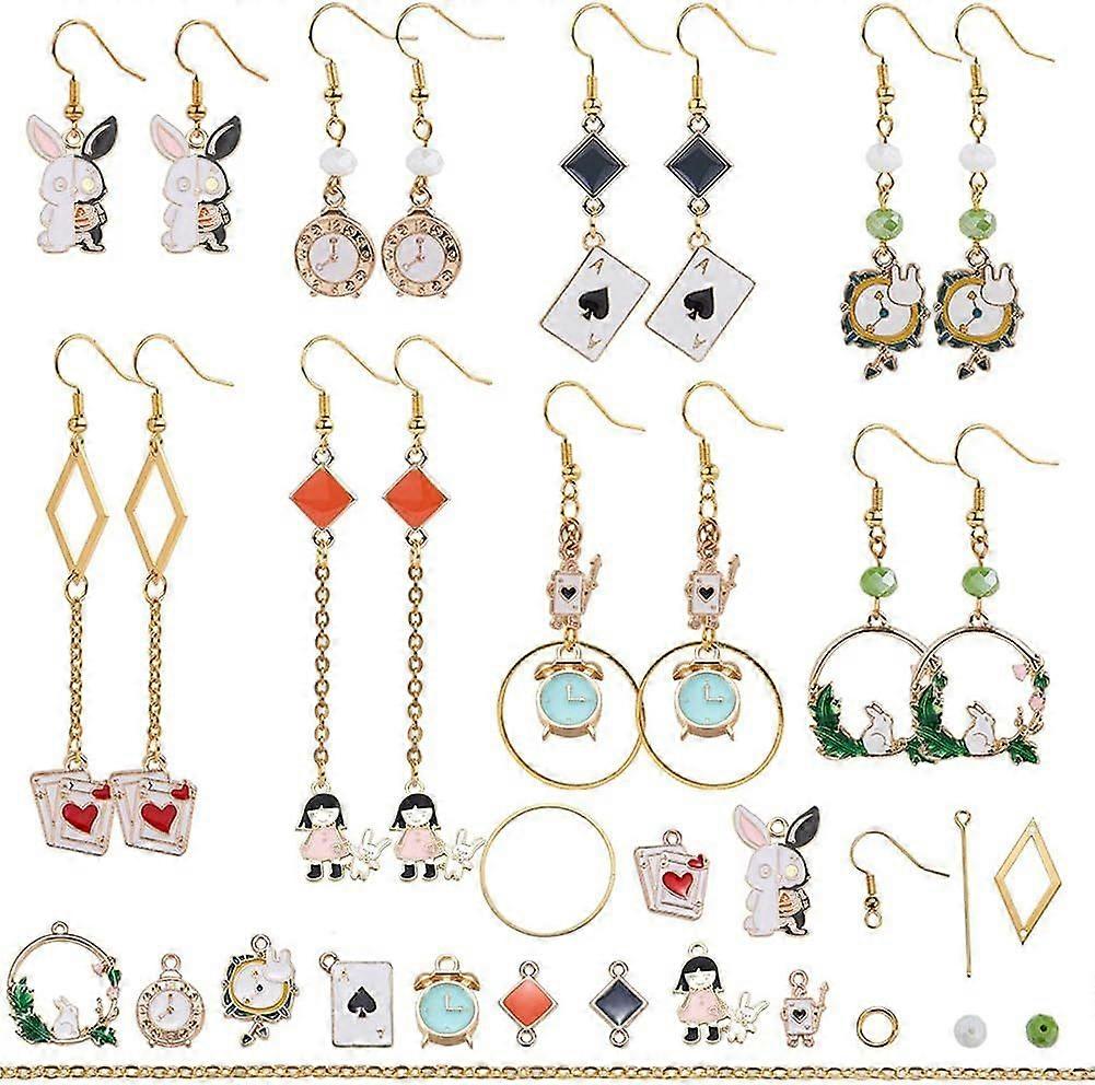 1 Box DIY 8 Pairs Rabbit Charms Easter Bunny Charms Earring Making Starter Kit Enamel Rabbit Alice Poker Alarm Clock Charm for Jewelry Making Kits Eas
