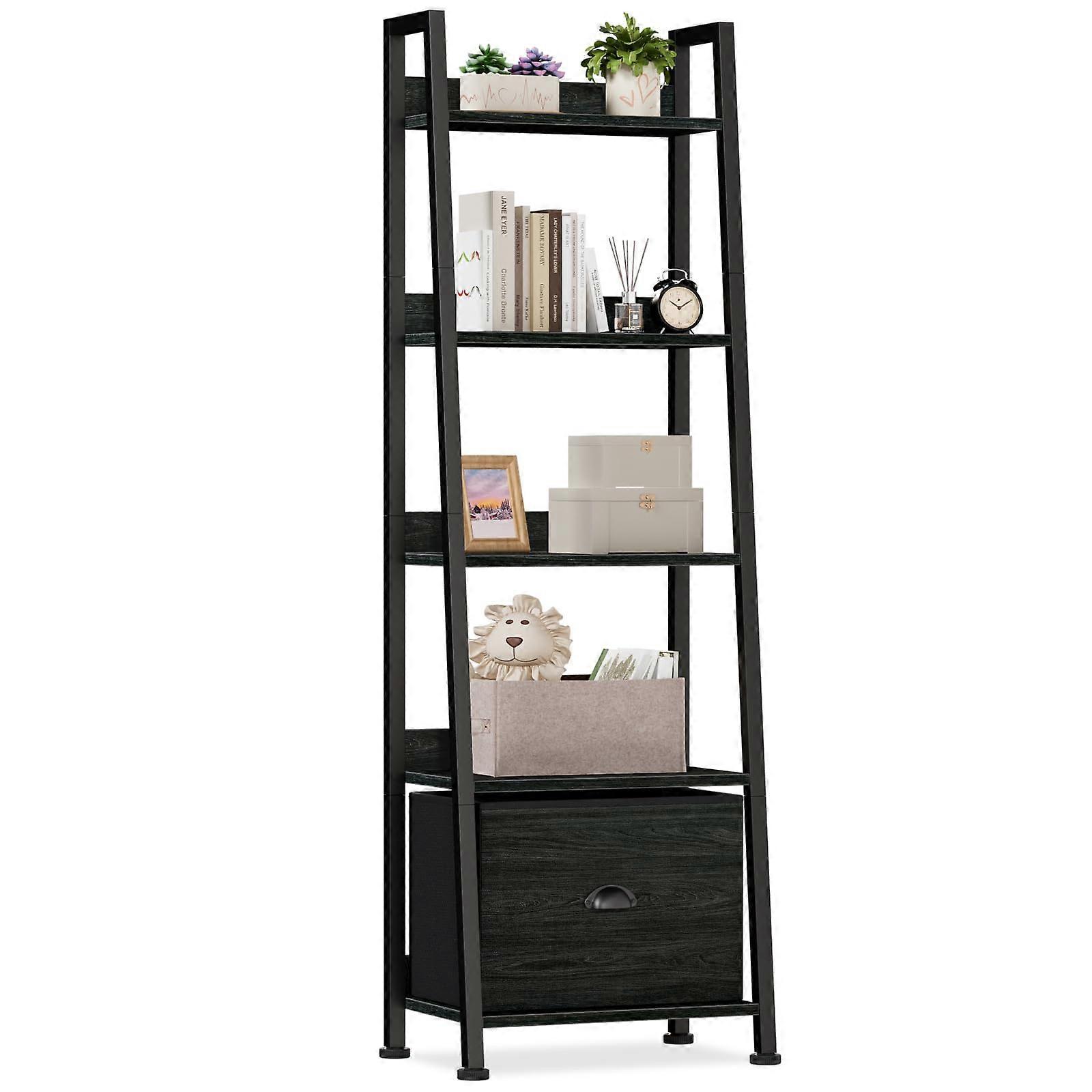 5Tier Narrow Ladder Bookshelf with Drawer, Industrial Bookcase Storage Organizer for Small Spaces, Black Oak