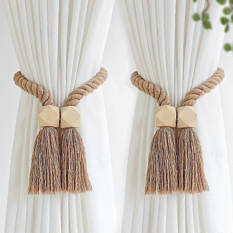 Magnetic Curtain Tiebacks with Wood Beads, Adjustable Length, NoDrill for Home and Office Drapes