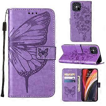 Case For Iphone 13 Pro Light Purple Embossed Butterfly Wings Card Slot Leather Wallet No12531