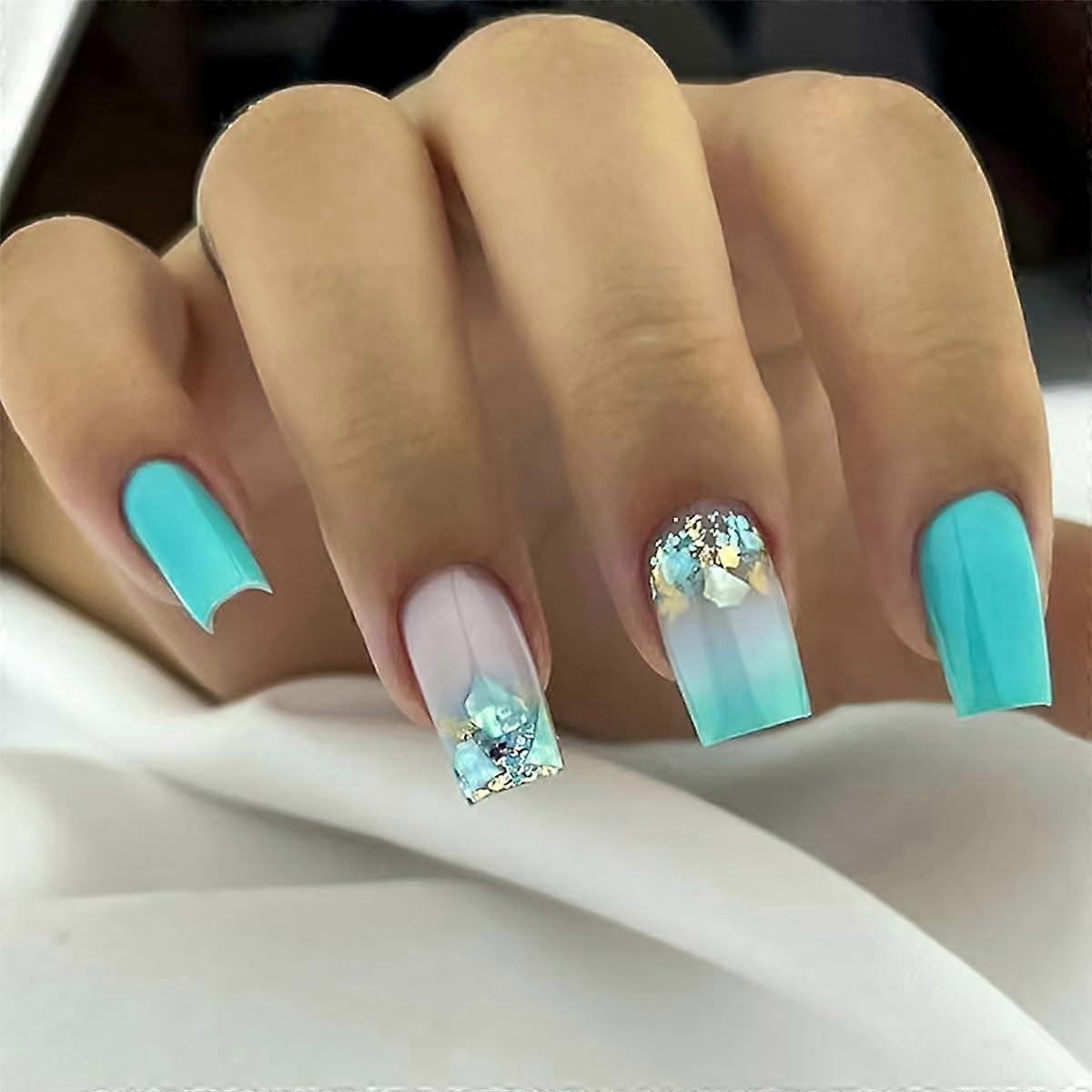 Blue Gradient Press On Nails Medium Square Glitter Fake Nails Full Cover Acrylic Stick On Set