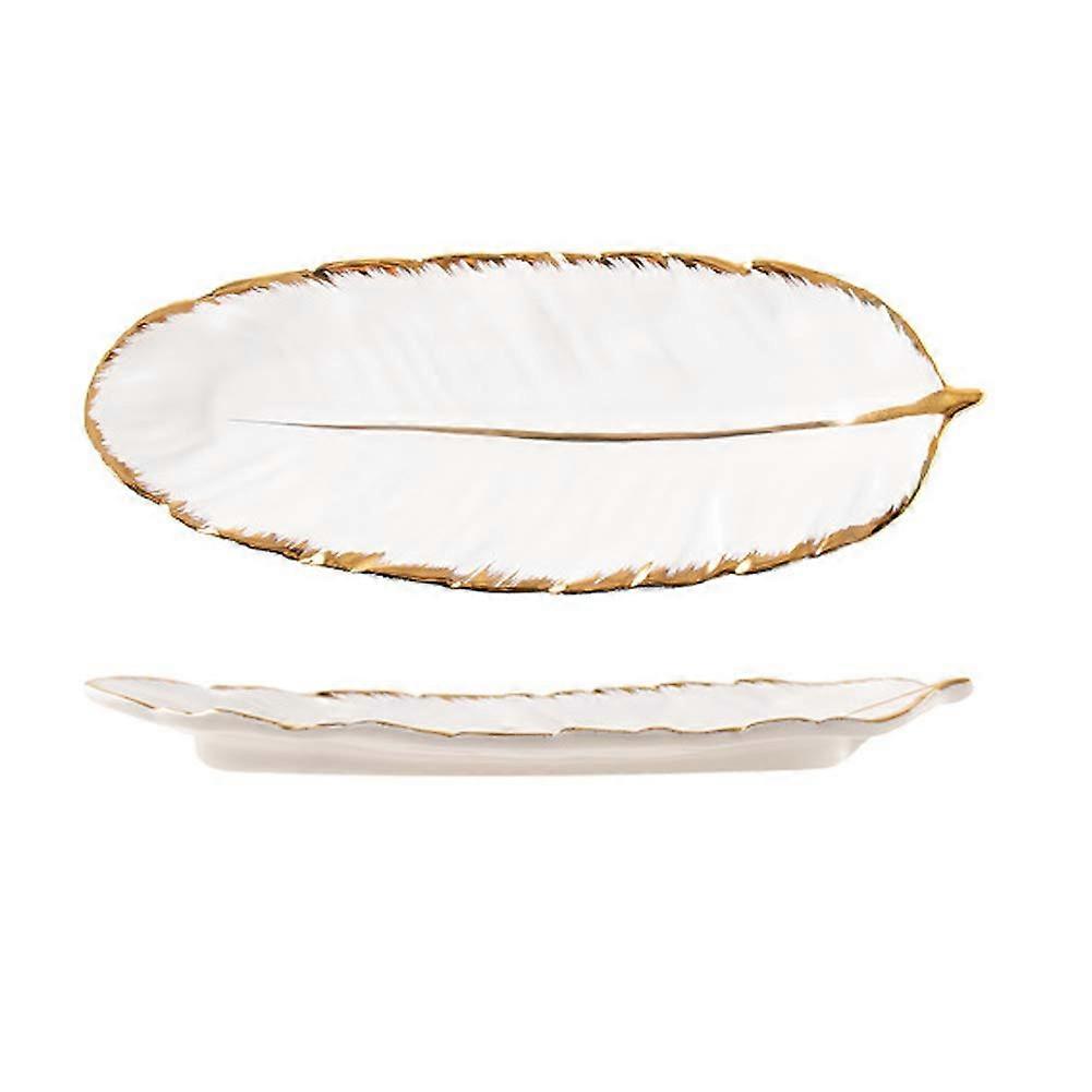 Ceramic Dinner Plate 10 Inch Gold Rim Feather Design Easy Clean  Temp Resistant Serving Platter