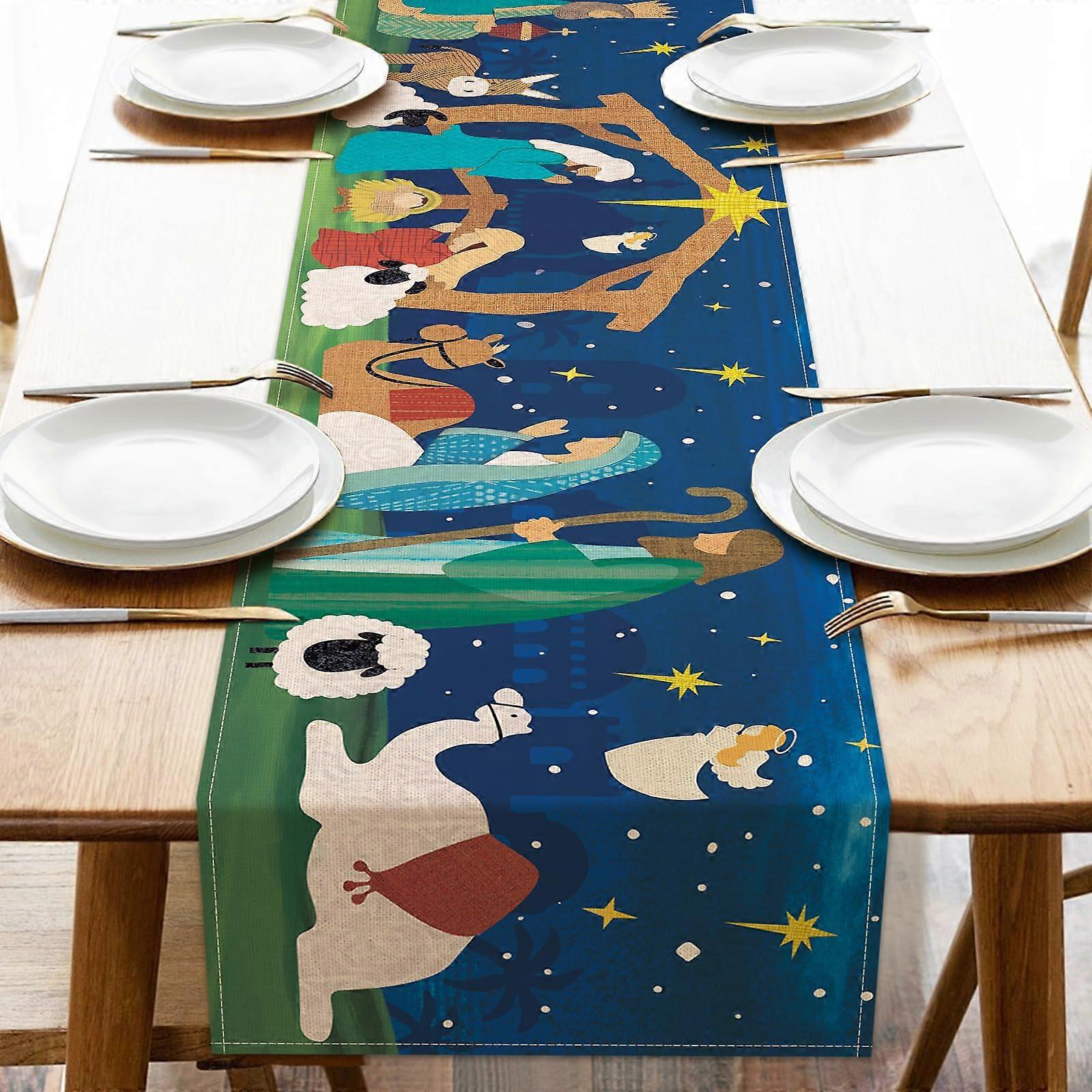 Christmas Table Runner with Vivid Nativity Scene, Durable Polyester, 13x36 Holiday Table Décor
