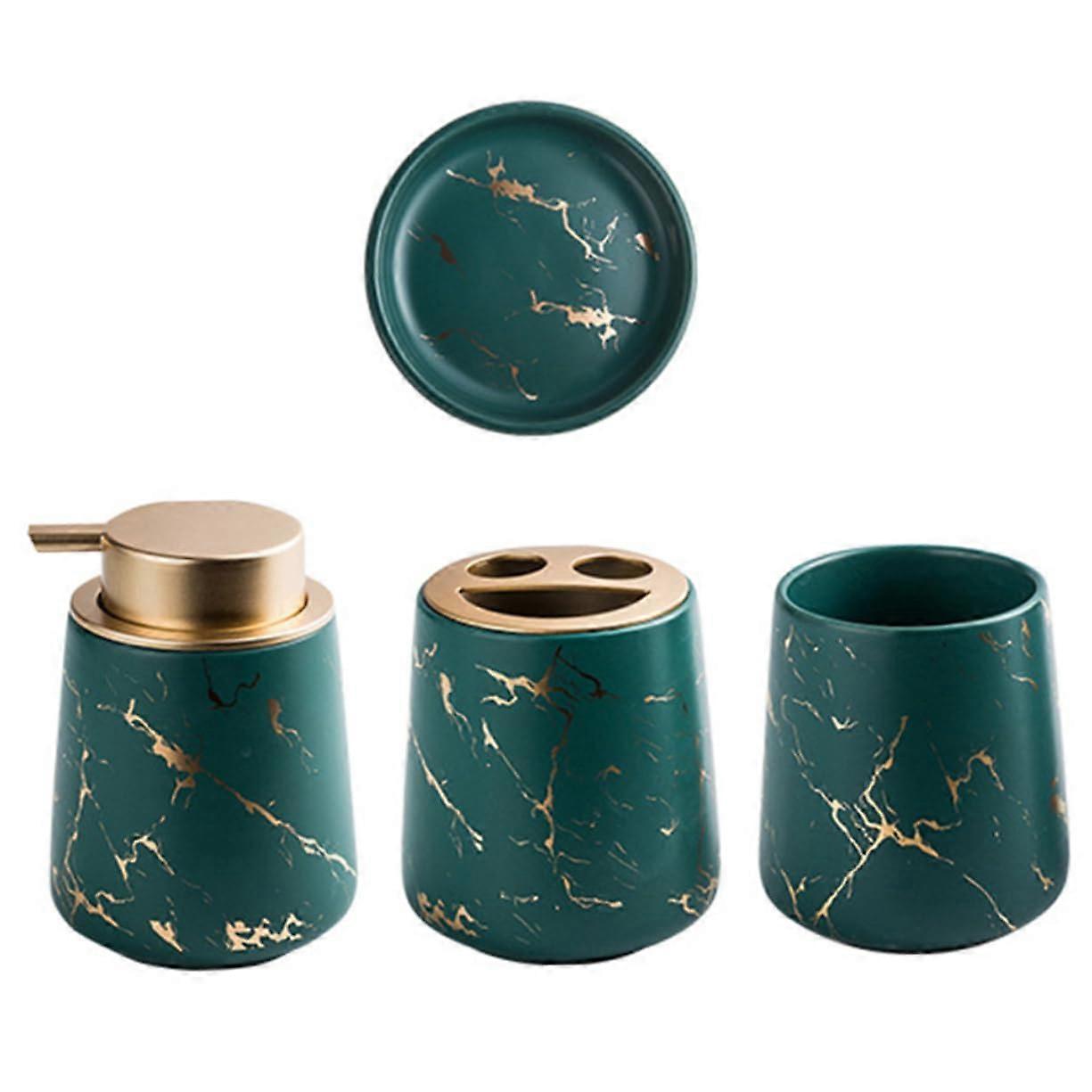 Bathroom Accessories Set Dark Green Ceramic with Marble Print Toothbrush Holder Soap Dish Cup