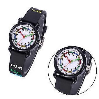 Waterdicht kinderhorloge met cartoonprint, quartz uurwerk, 3D polshorloge voor kinderen, zwart