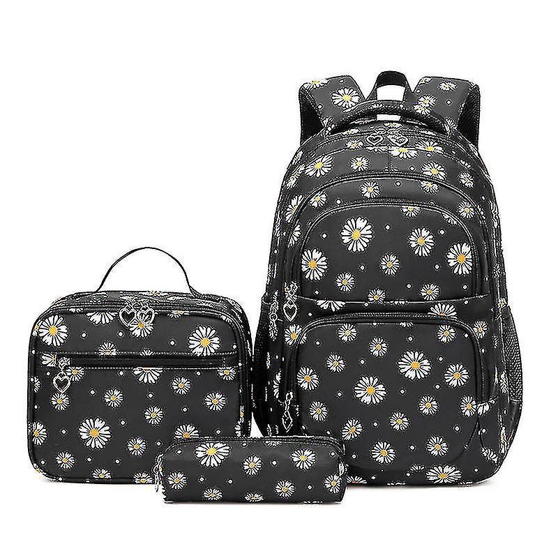 Three Piece Backpack Set With Daisy Print Includes Backpack +  Lunch Bag + Pencil Case #black