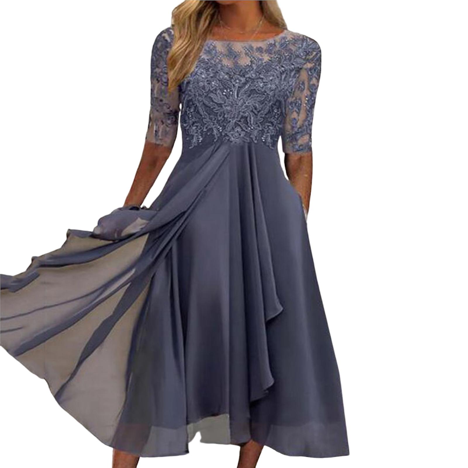 O-neck Half Sleeve Irregular Flowy Hem Bridesmaid Dress Elegant Crochet  Lace Chiffon Patchwork Guest Midi Dress Female Clothing | Fruugo IE
