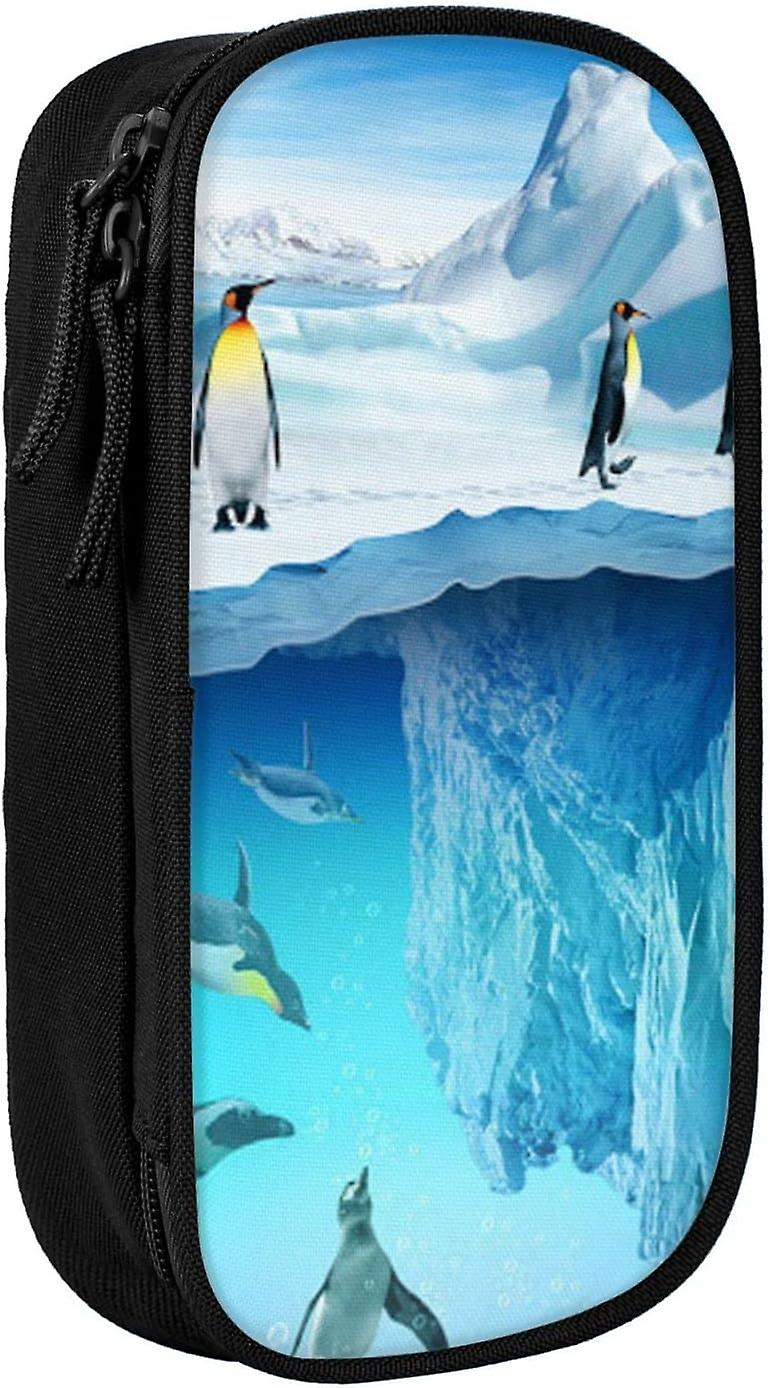 طيور البطريق على الجليد مقلمة كبيرة مطبوعة ، حقيبة قلم رصاص متينة ، حقيبة قرطاسية محمولة ، منظم قرطاسية28055