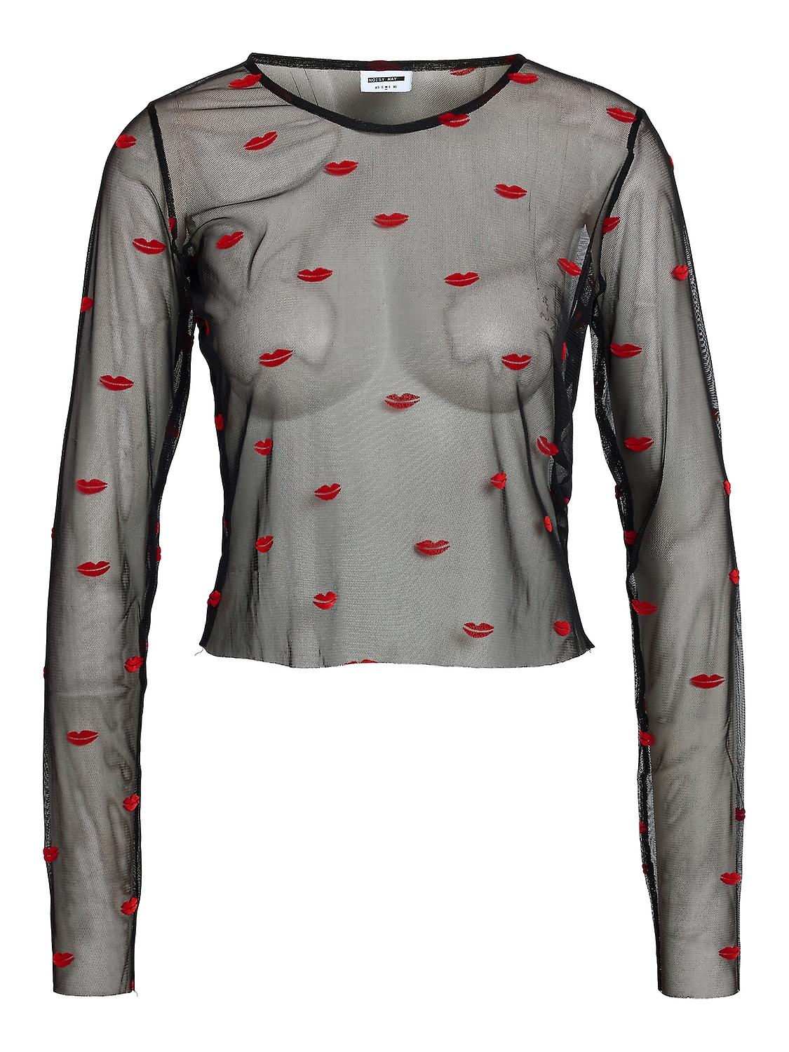 NOISY MAY Women's Mesh Top Long Sleeve Lip Print Sheer Regular Fit