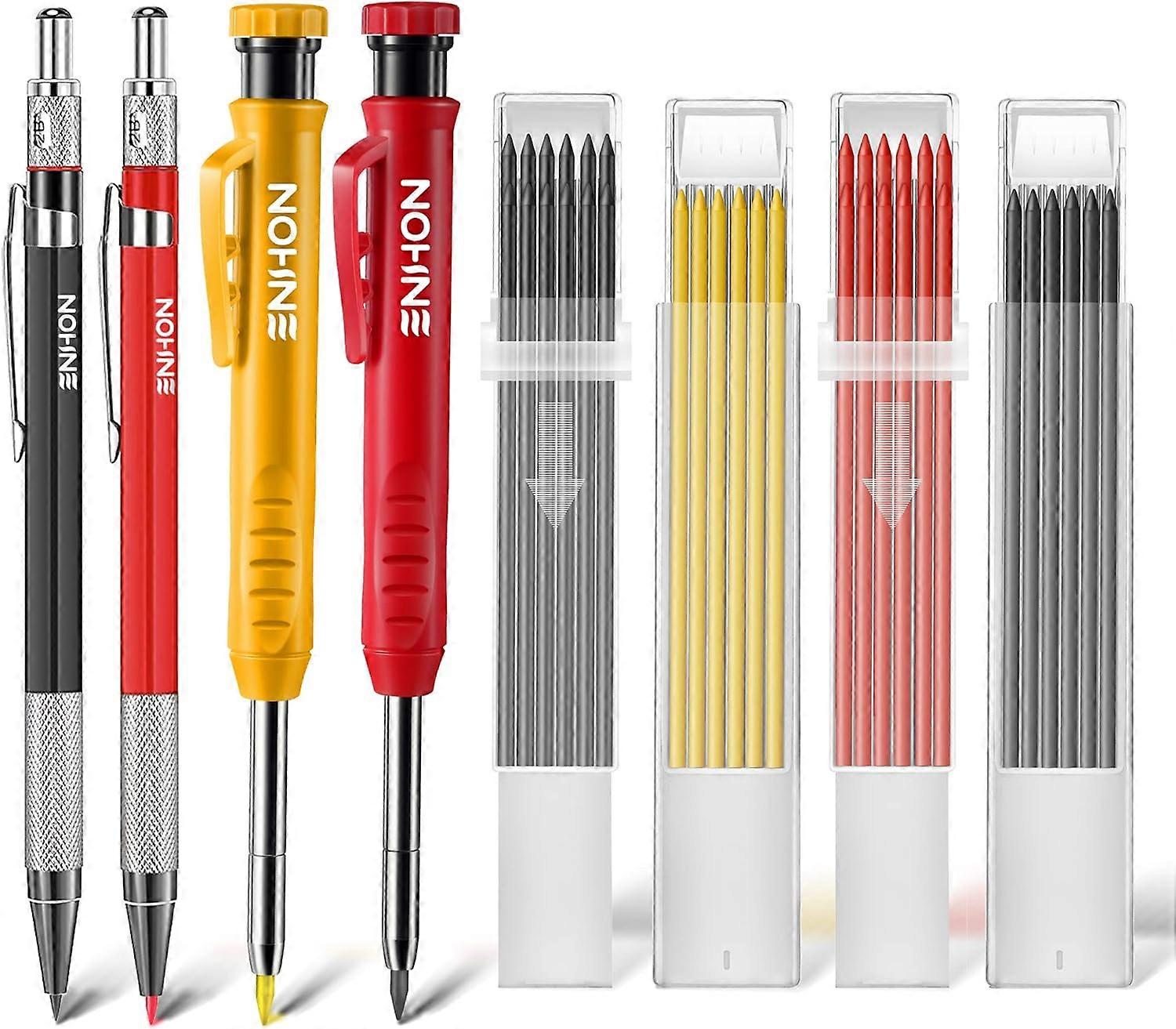Mechanical Carpenter Pencils Kit with 40 Refills, 4 PCS Colorful Deep Hole Woodworking Pencils with Built-in Sharpener, Carpentry Marking Scribe Tools