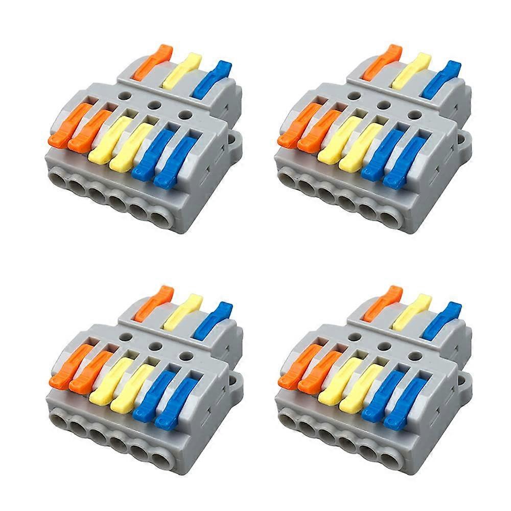 4Pcs Lever-Nut Wire Connector Set, 3 in 6 Out Conductor Compact Wire Connectors, Compact Connector Spring Terminal Block
