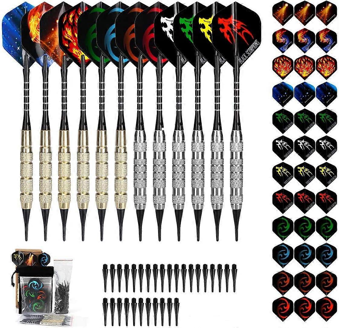 Kunststoff-Tip-Dart, 18G Soft-Tip-Dart-Set für elektronische Dartboard, 12 Darts mit 36 Flights und 100 Spitzen, 20 Gummi-O-Ringe