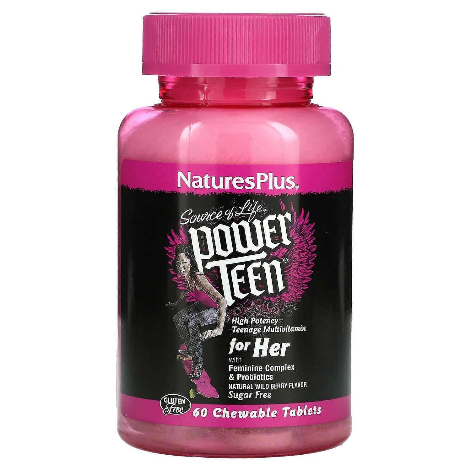 NaturesPlus, Source of Life, Power Teen, For Her, Sugar Free, Natural Wild Berry , 60 Chewable Table