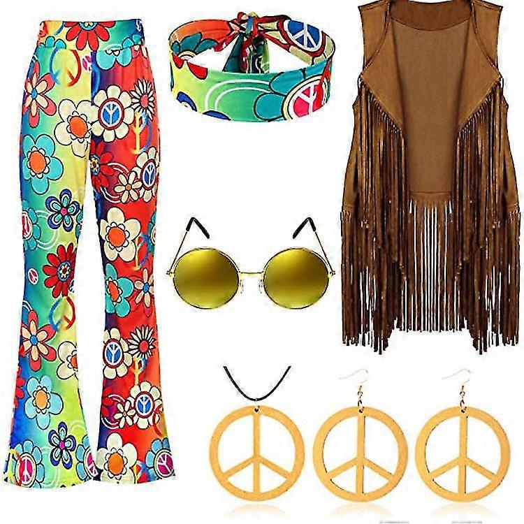 70-luvun hippijuhlat retropuku tupsuliivi+housut+huivipuku