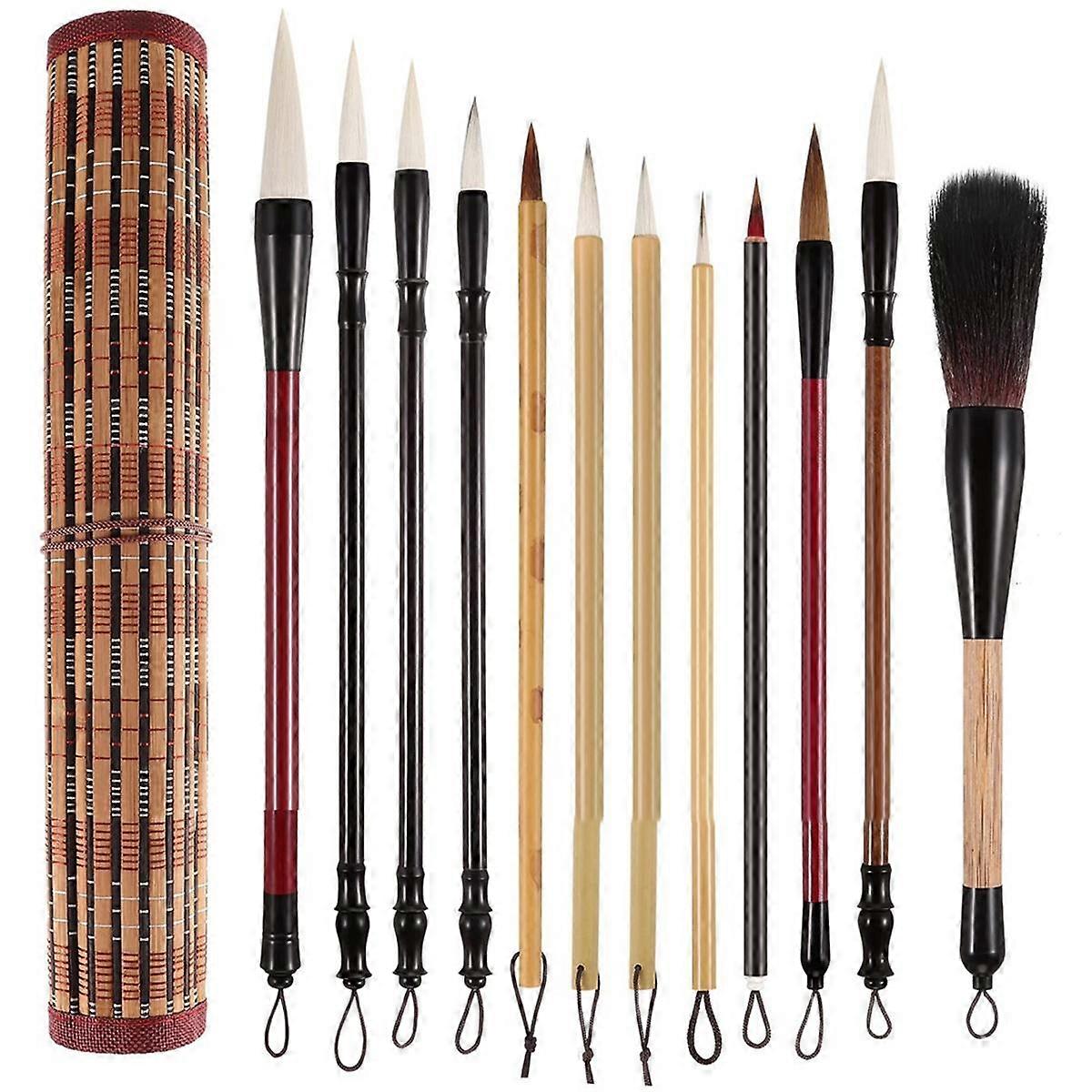 12PCS Chinese Calligraphy Brushes with Roll-Up Holder, Perfect for Watercolor, Kanji, Sumi Painting