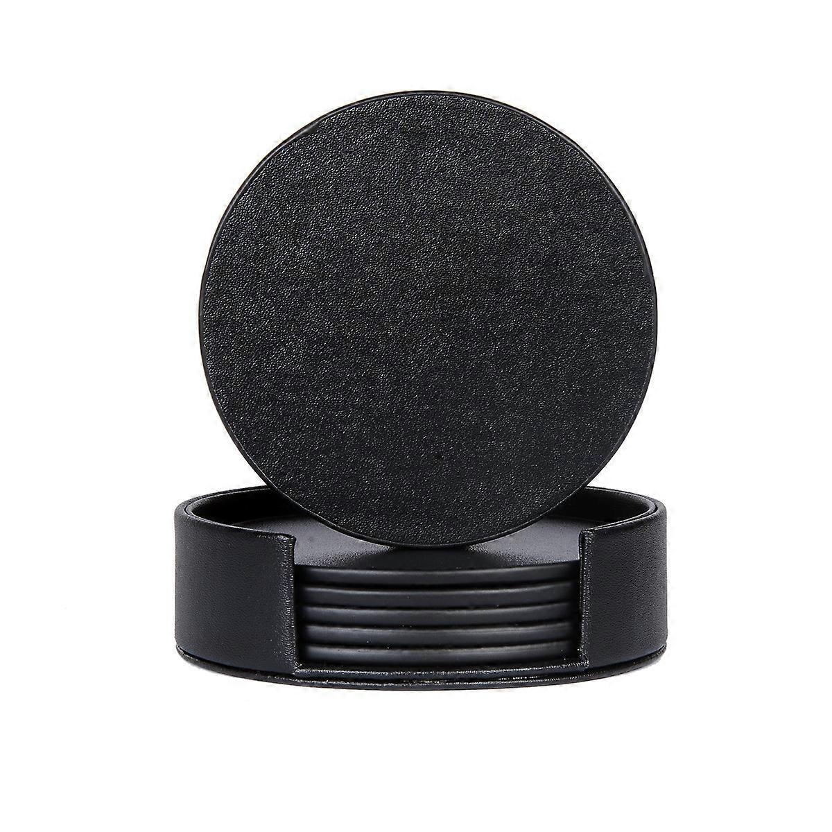 Pu Leather Round Coasters, Set Of 6, Black
