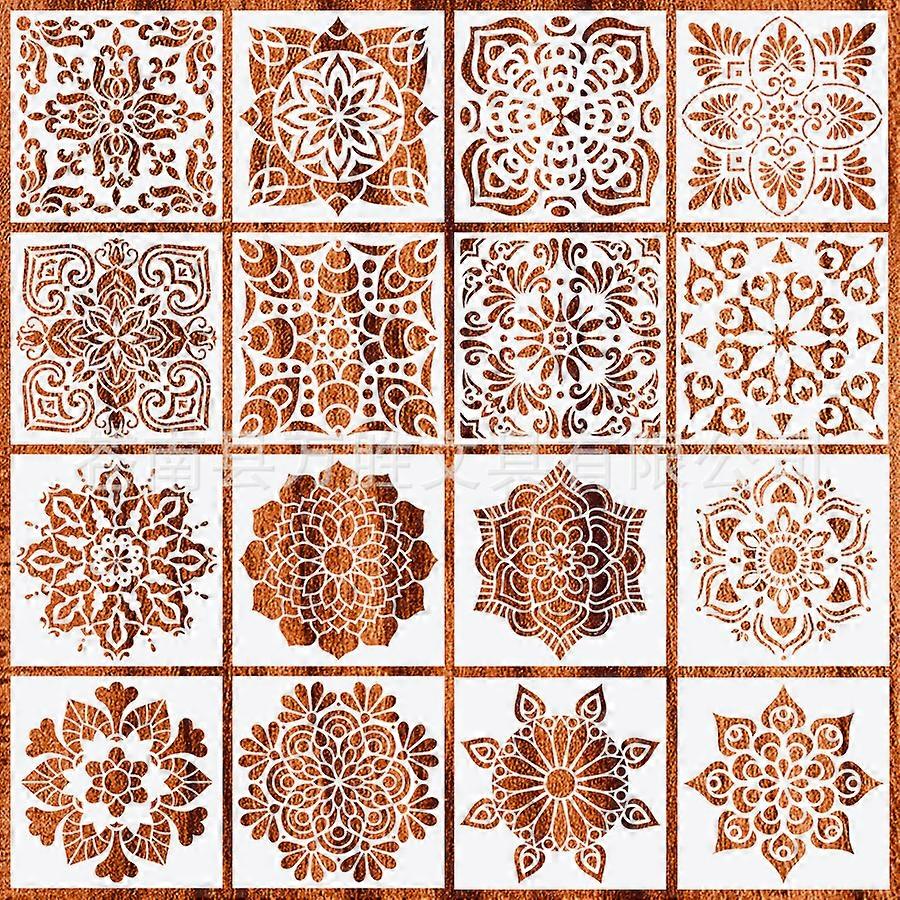 16pcs Mandala Auxiliary Painting Template Stone Wall Painting Spray Hollow DIY Template Ruler PET Template