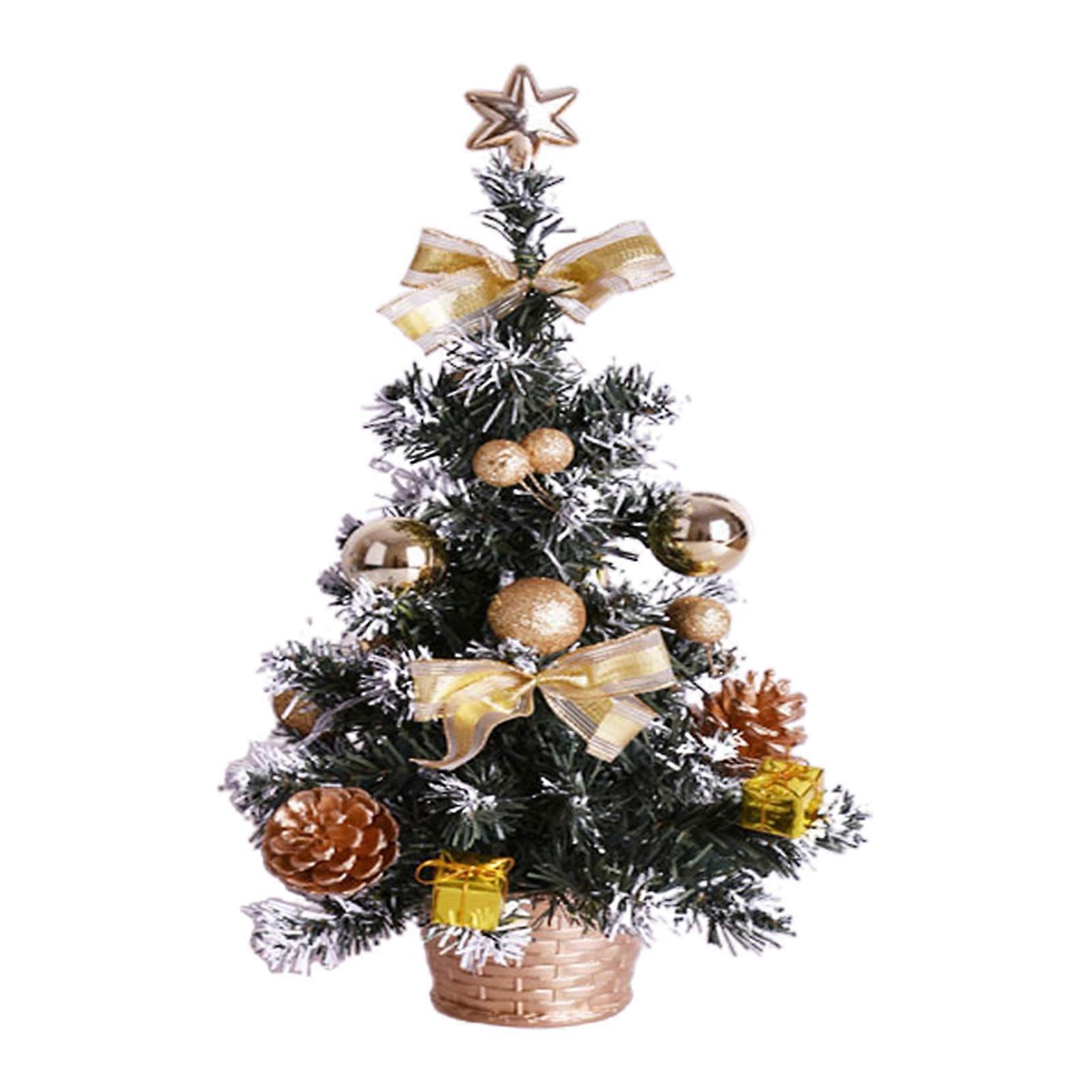 45CM LED Christmas Tree Ornament with Bowknot Ball Star Pinecone Light Up Warm Glow Mini Desktop Potted Xmas Tree Decoration Holiday Festival Gift