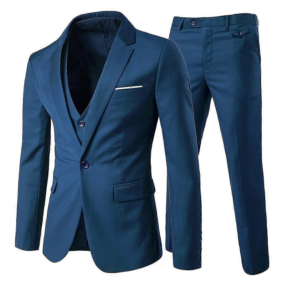 VAWAN Mens Suit 3-Piece Business Party Wedding Solid Color Notched Lapel Slim One-button Suit (Blazer + Vest + Pants)