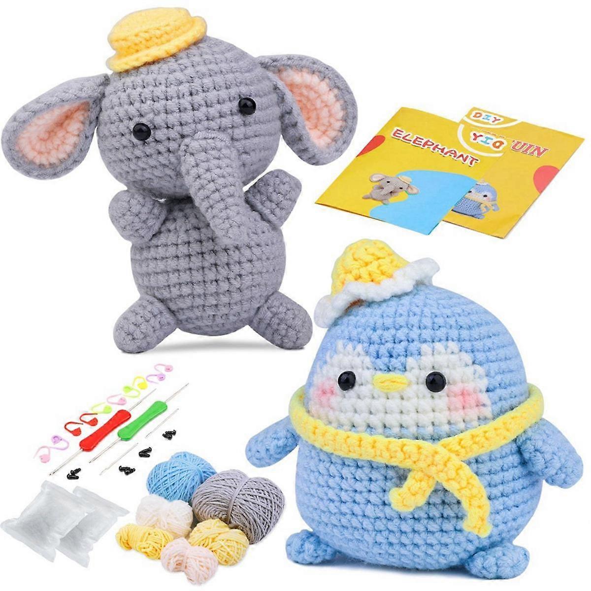 2 Set Crochet Kit Animals,DIY Crochet Kit for Beginners,Cute Animal Kit Elephant Penguin Pack with Yarn Balls,Hooks