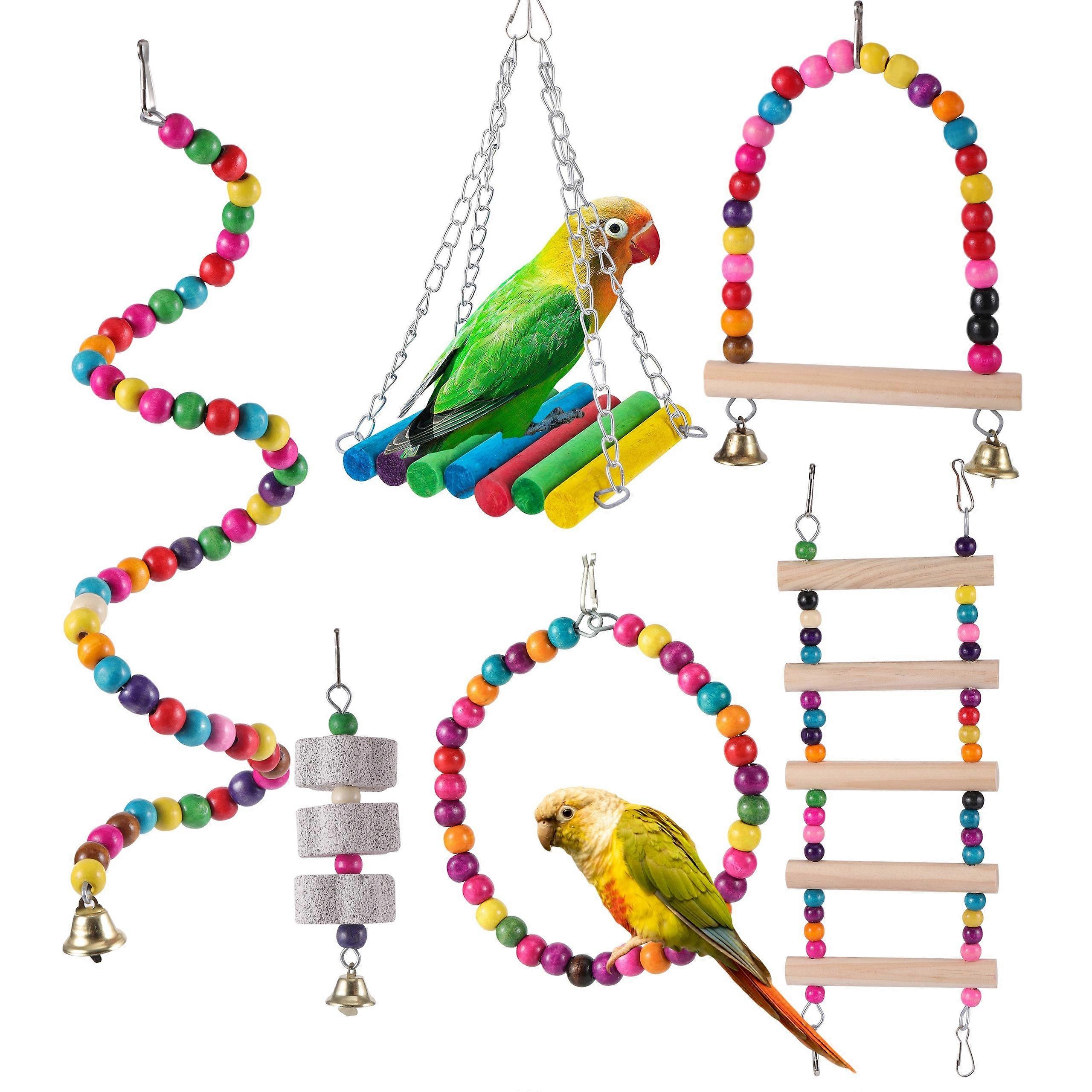 6pcs/set Parrot Swing Toys, Pet Bird Standing Rack Training Accessories, Chewing Rope Parrot Cage Molar Toys, Bird Perch Toy Climbing Ladder, Assorted