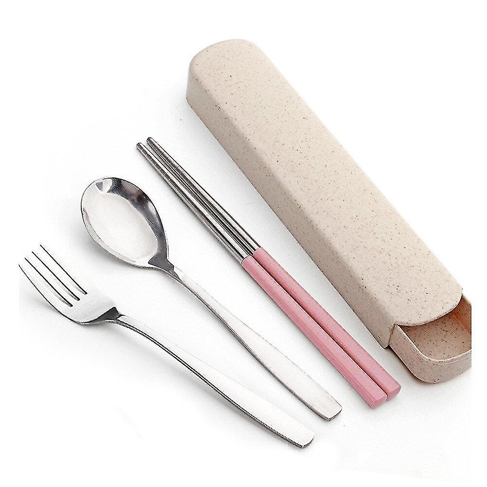 Flatware sets 1set portable stainless steel dinnerware set wheat straw chopsticks spoon fork tablewa