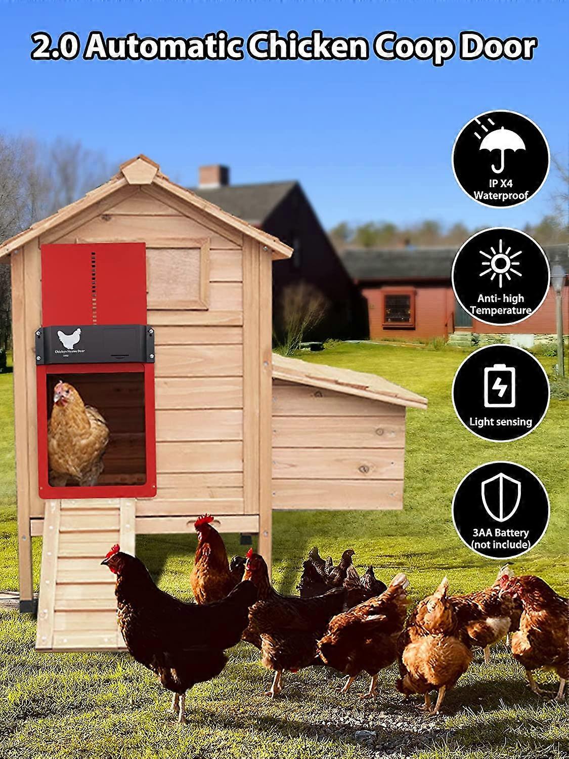 2.0 New Automatic Chicken Coop Door, Waterproof Automatic with Light Sensor Battery Operated Induction Automatic Chicken Coop Door (Red)