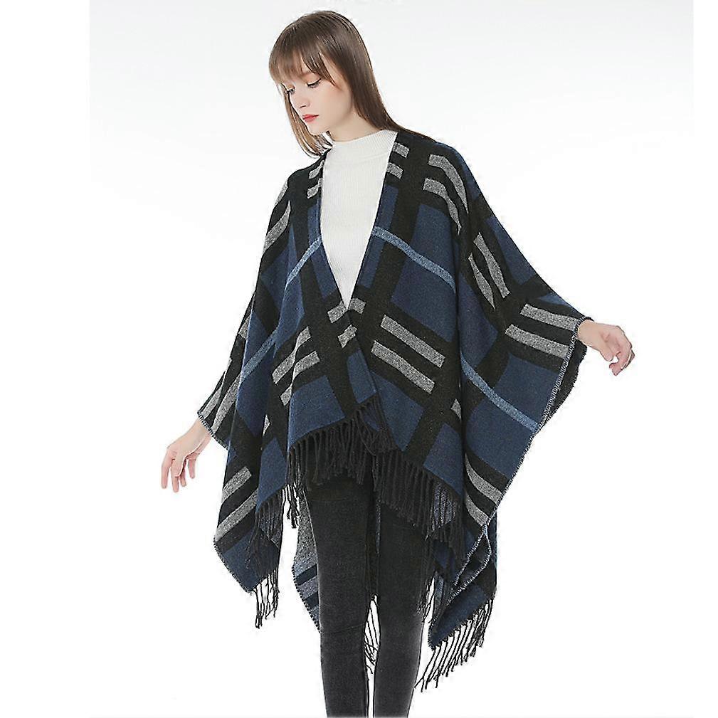 Plaid Shawl Scarf Open Front Poncho Winter Cardigant with Tassel for Lady