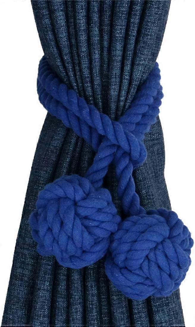 2pcs Drapery Holdbacks Hand Knitting Braided Curtain Tiebacks with Double Ball Cotton Rope Tassel- Blue