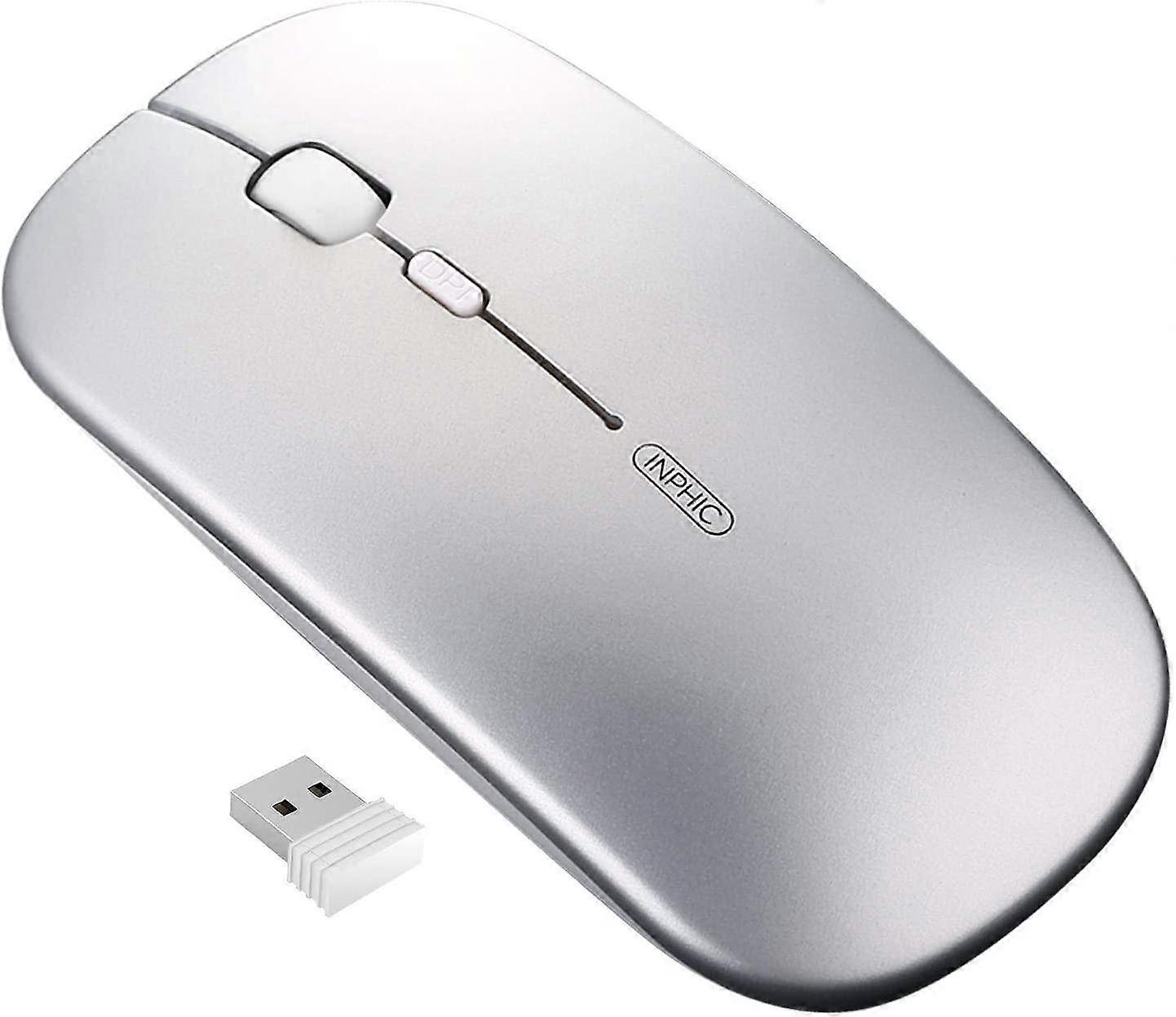 Wireless Mouse Untra-Thin Mini mute Rechargeable 2.4G USB Receiver 1600DPI Silver