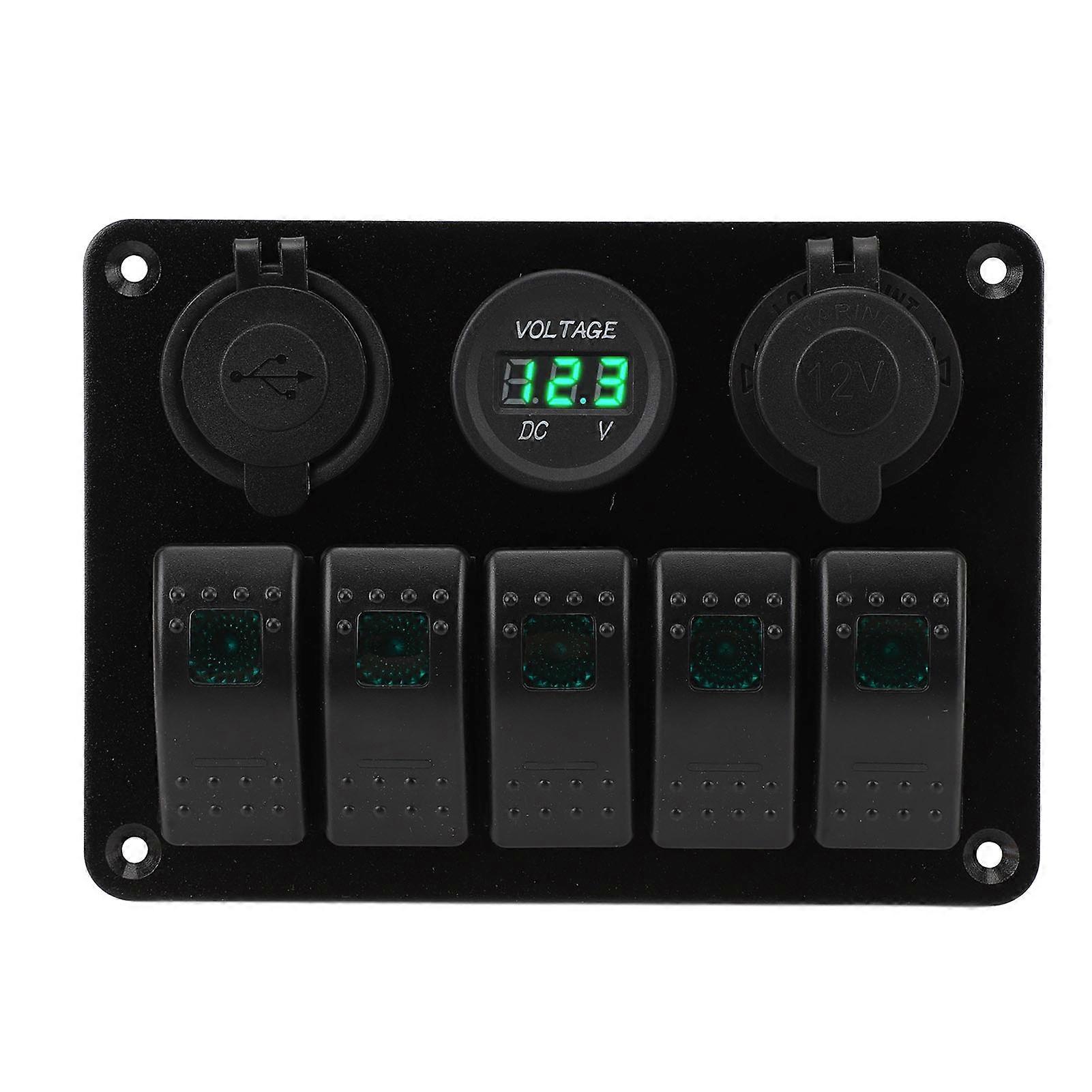 Switch Panel DC 12 to 24V 5 Gang Aluminum Alloy IP65 Water Resistant Prewired Rocker Switch Panel with Dual USB Cigar Lighter Socket Voltmeter Green 