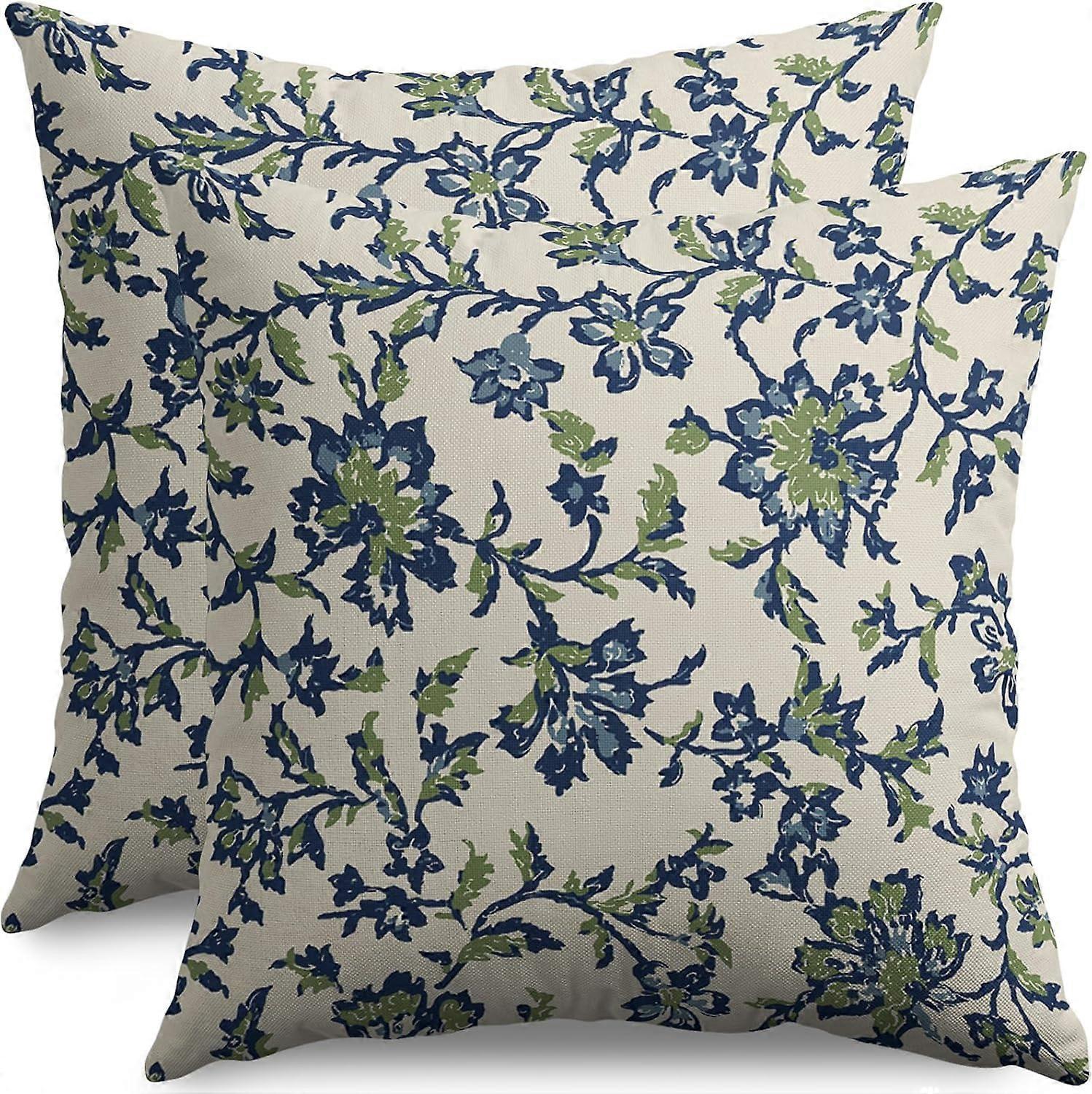 Navy Blue Green Floral Block Print Pillow Covers 20x20 Set of 2 Vintage Flower Rustic Old Style Modern Patterned Cream Decorative Throw Pillow Cases O