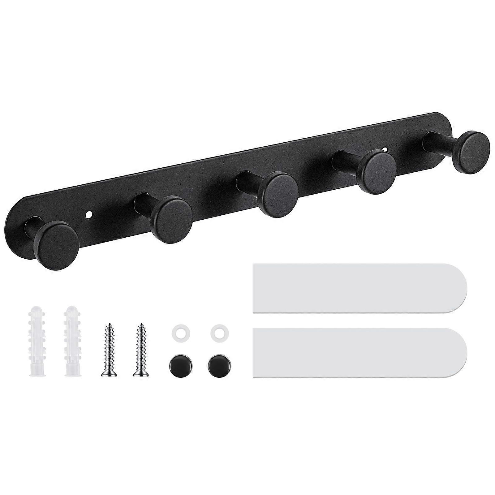 Wall Mounted Coat Hooks, Black 5-Hook Rack, Hanger for Towels, Clothes, and Hats - Adhesive & Screw-in.