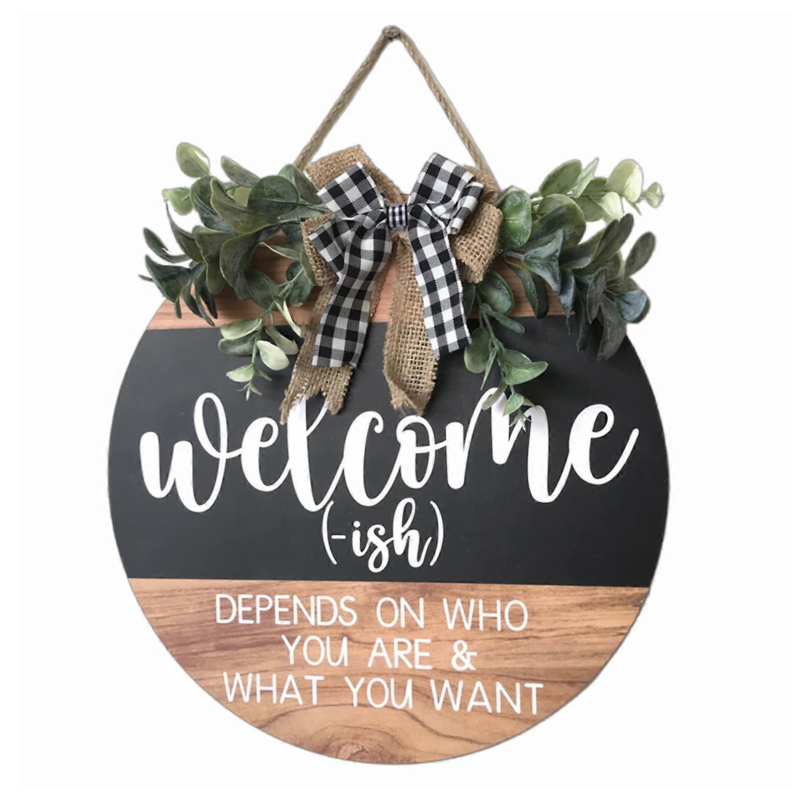 Rustic Welcome Door Sign Decoration with Eucalyptus Garland and Plaid Bow for Front Door