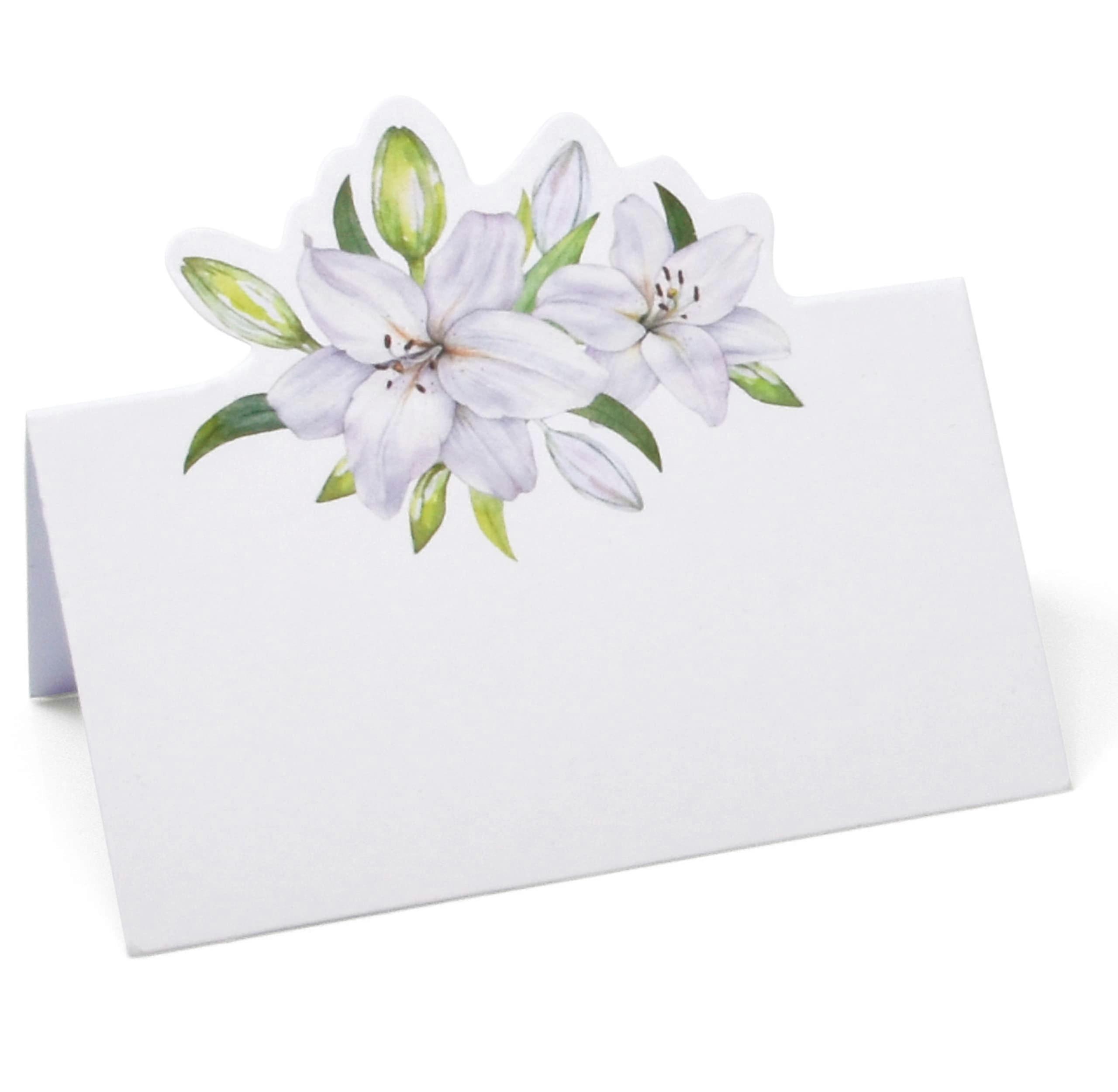 100 White Floral Lilies Place Cards for Wedding Seating & Table Setting