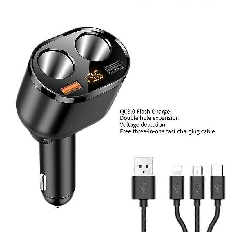 USB car charger (QC3.0 flash charge double-hole extended voltage detection to send three-in-one fast charge cable) (one set)