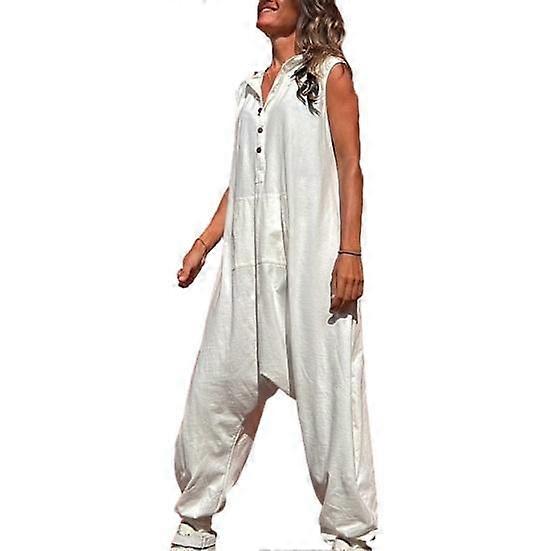 Women Jumpsuit Button Half Placket Sleeveless Extra Large Hooded Low Crotch Daily Wear Long Pants Women Solid Loose Romper Streetwear