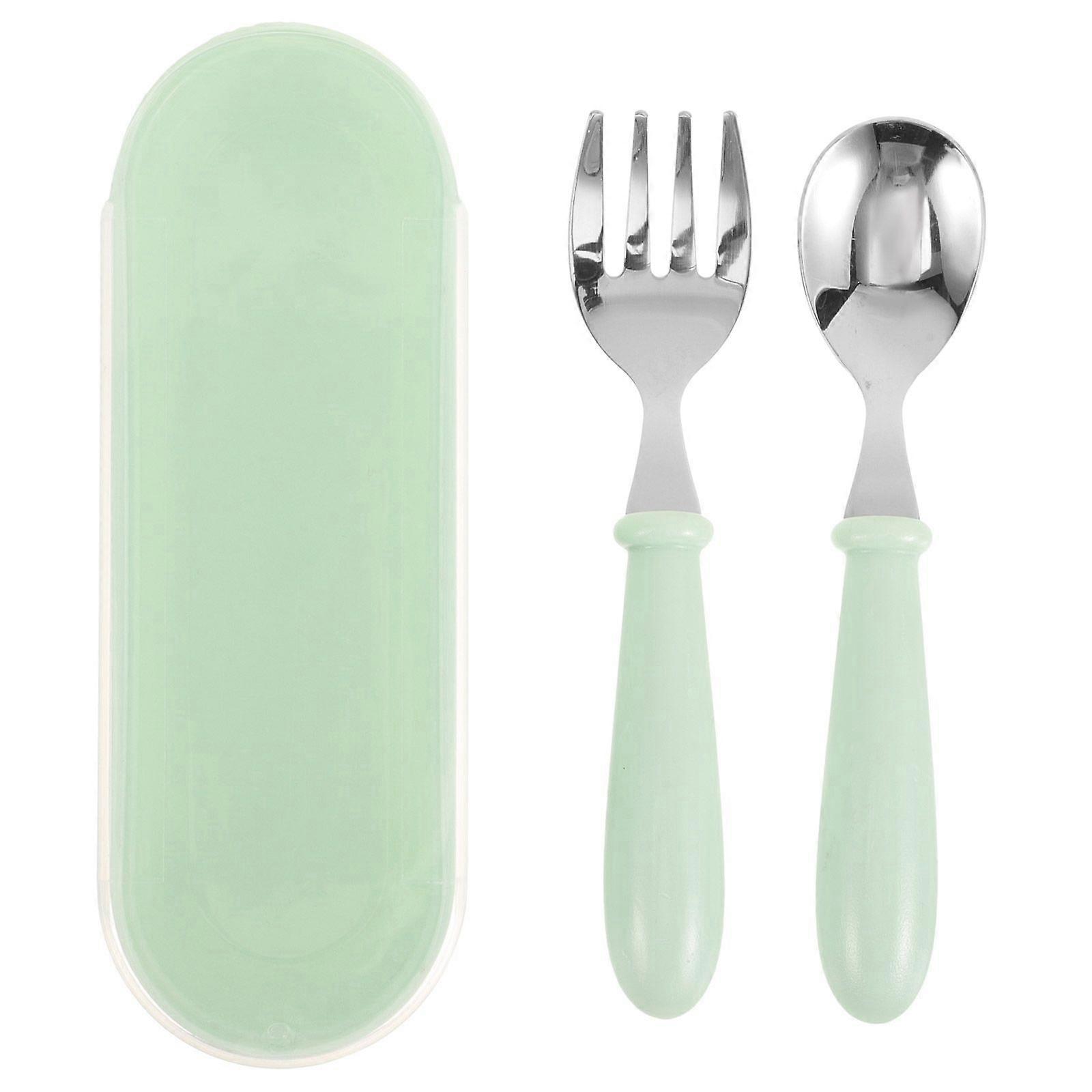 1 Set Stainless Steel Spoon Fork Small Durable Simple Feeding Spoon Fork for Baby Kids Children (Green)
