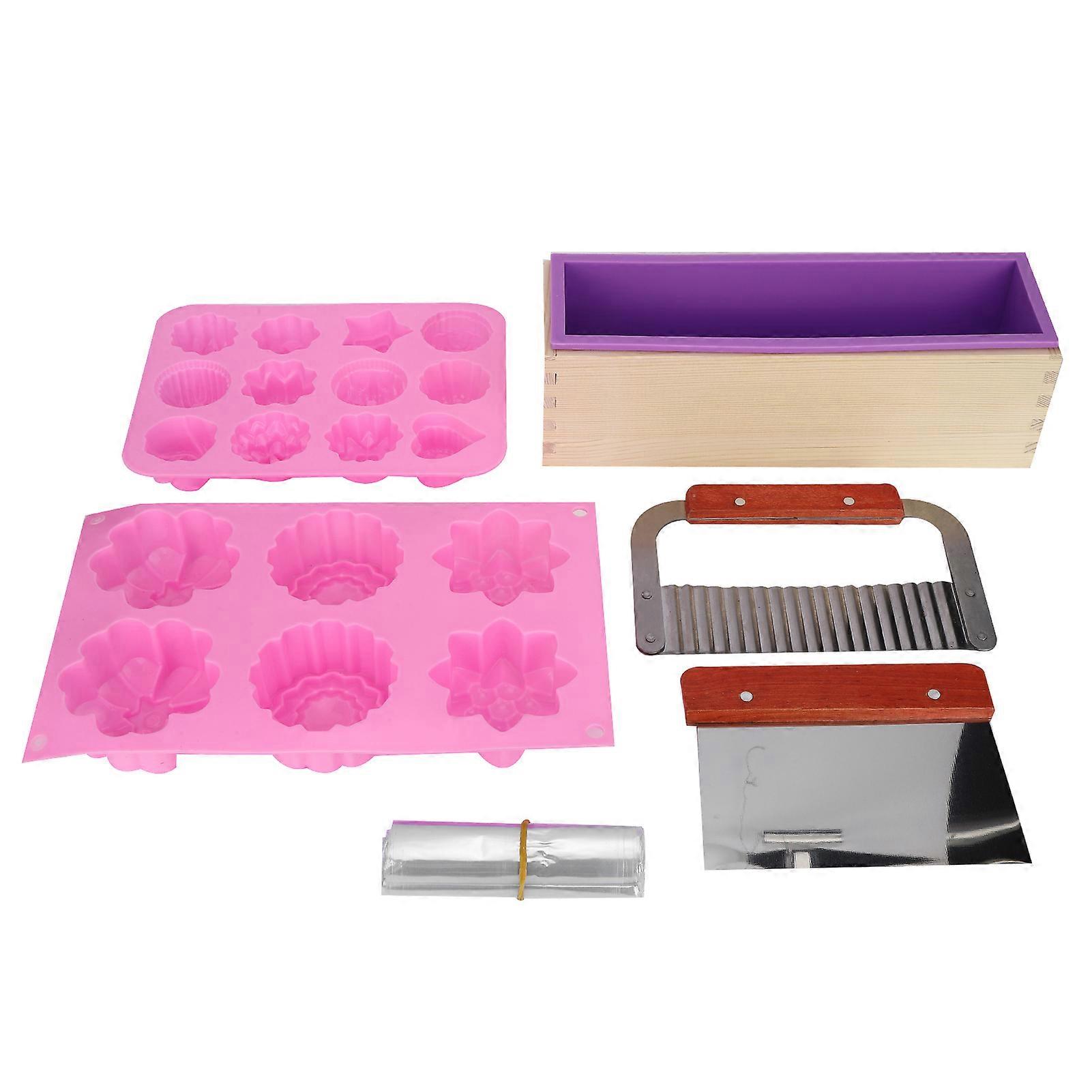 DIY Silicone Hand-Made Soap Mold Set With Wood Box Included, Wavy and Straight Cutter Molds, Heat Shrinkage Film