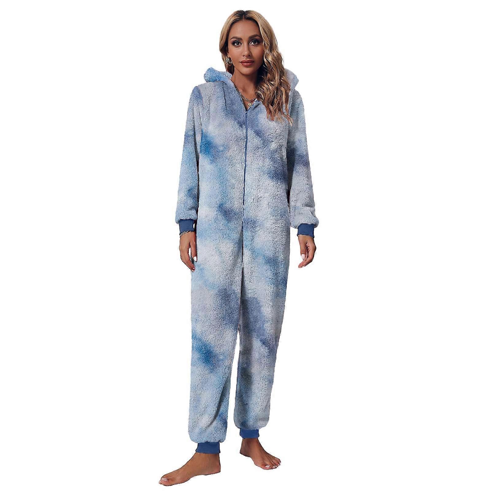 Femmes Hiver Chaud Combinaison Pyjama Tie Dye Flou Polaire Fermeture Éclair Jusqu’à Noël Capuche Combi-barboteuse Combinaisons Vêtements de nuit Vêtements de détente blanc bleu XL