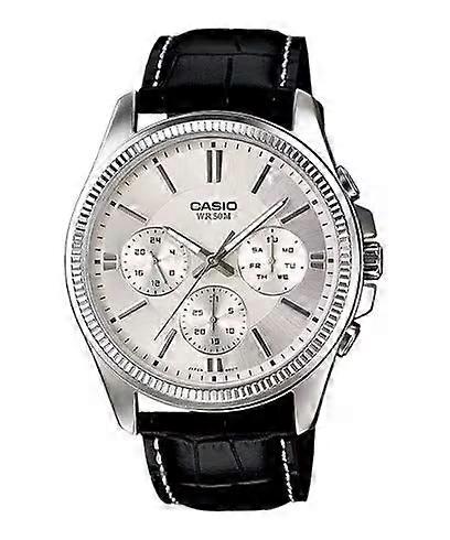 Casio Mtp-1375l-7avdf Men's Analog Watch – Silver Dial, Leather Strap, Day-date Display