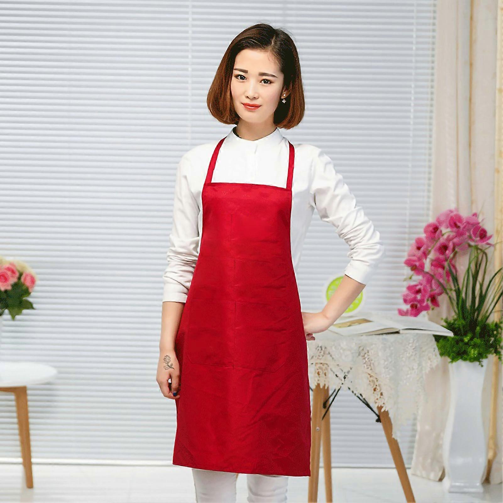 Kitchen Apron Solid Color Dual Pockets Back Strap Soft Polyester Chef Apron for Household