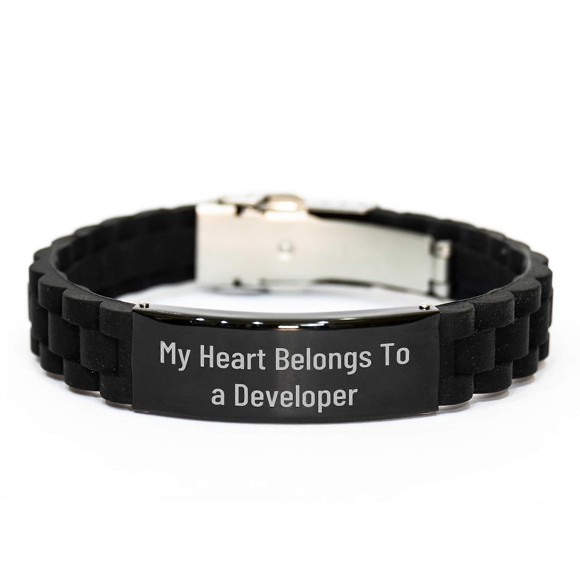 Funny My Heart Belongs To A Developer Gifts for Developers Adjustable Glide lock Clasp Black Stainless Steel Silicone Developer Birthday Unique Gifts