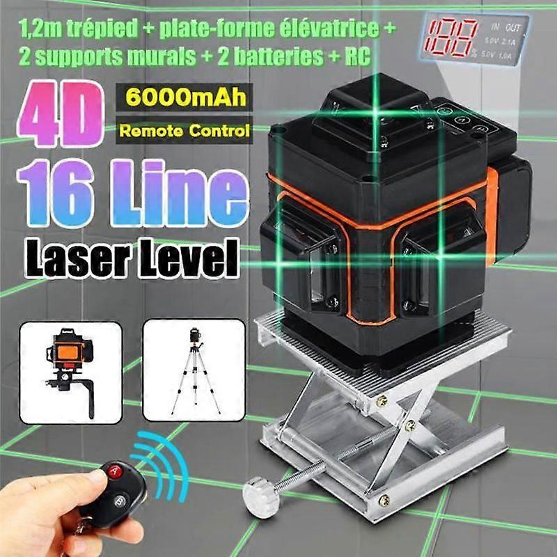 Rechargeable Laser Level 16 Lines 2 x 6000mAh Batteries 360 Rotating Cross Vertical Horizontal Self Leveling GREEN Light Tool