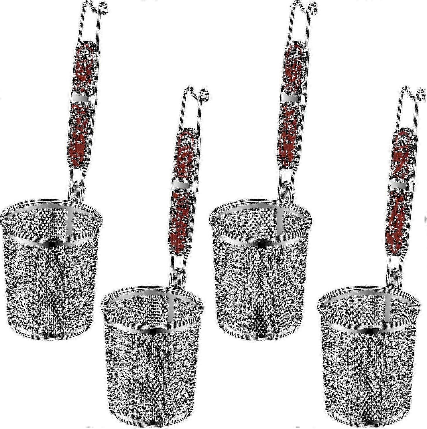 Stainless Steel Mesh Pasta Strainer with Wooden Handle Ideal for Kitchen Use - Skimmer for Food Dumpling Noodle Strainer and Blanching - Set of 4